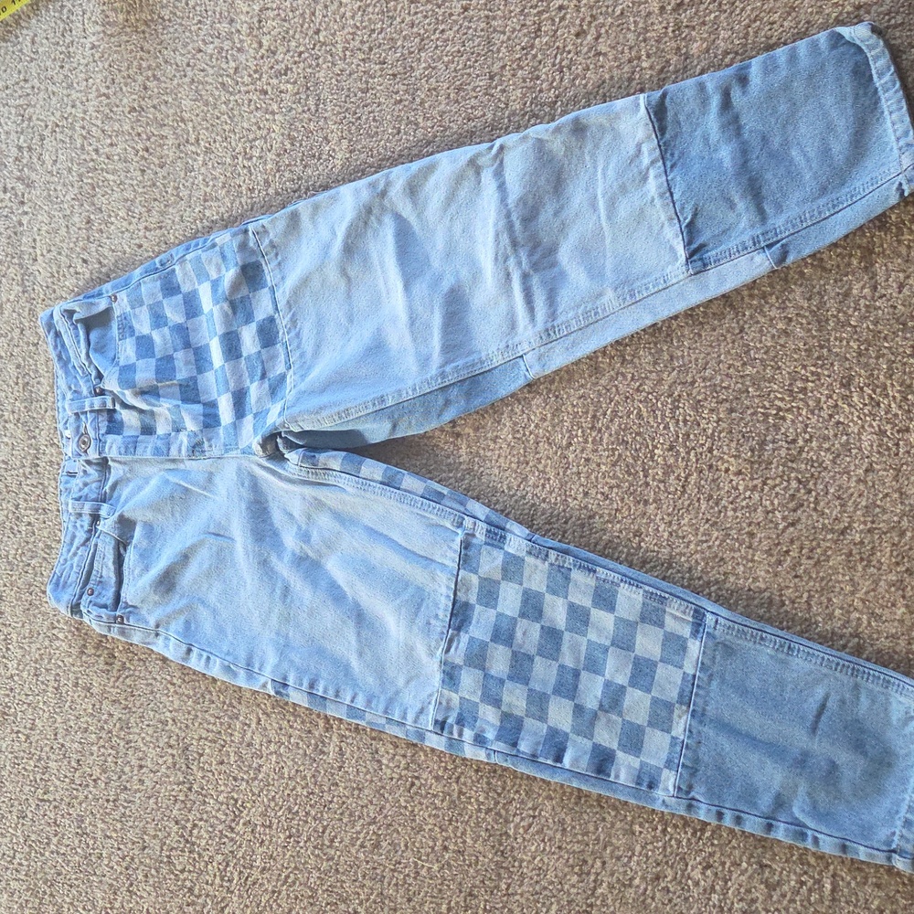 Rue21 women’s pants size 6 checkered and multi denim patchwork.